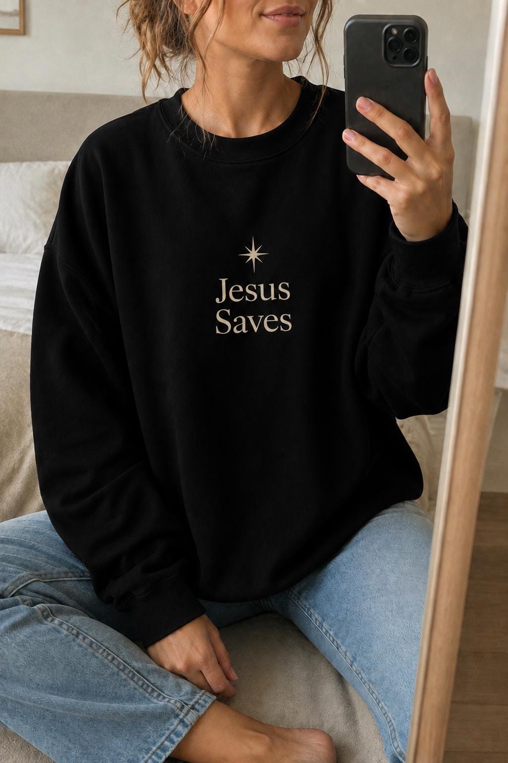 Minimalist Jesus Saves Crewneck Sweatshirt, Star of Bethlehem Design, Christian Gift