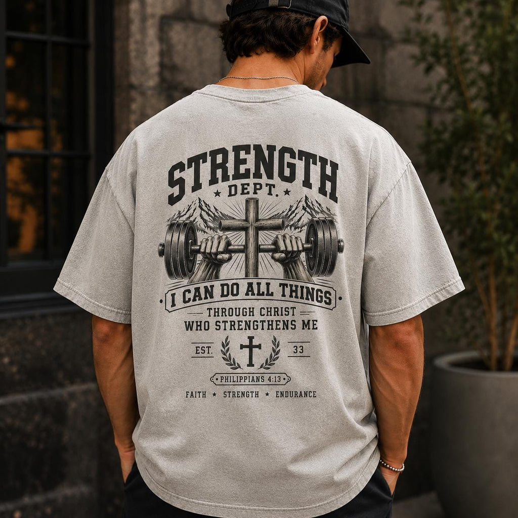 Philippians 4:13 Christian Gym Shirt, Strength Dept. Faith Fitness Tee, Distressed Streetwear