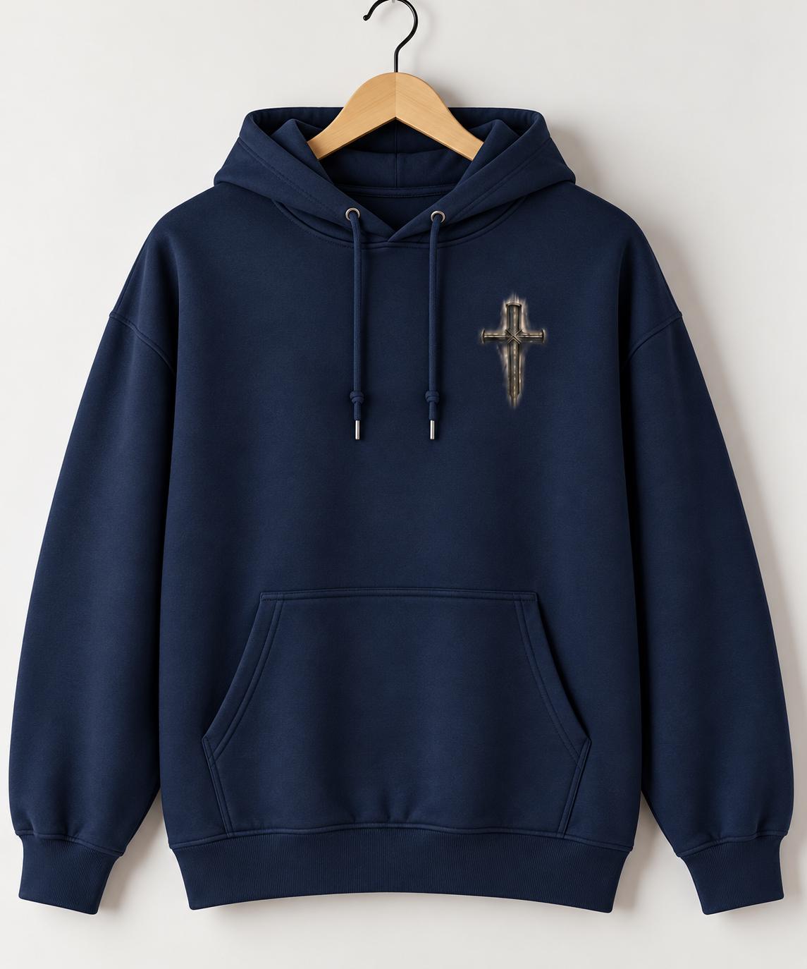 Christian Men Cross Hoodie, Distressed Three-Nail Cross, Church Fall Hoodie for Boys, Isaiah 53:5 Sweatshirt