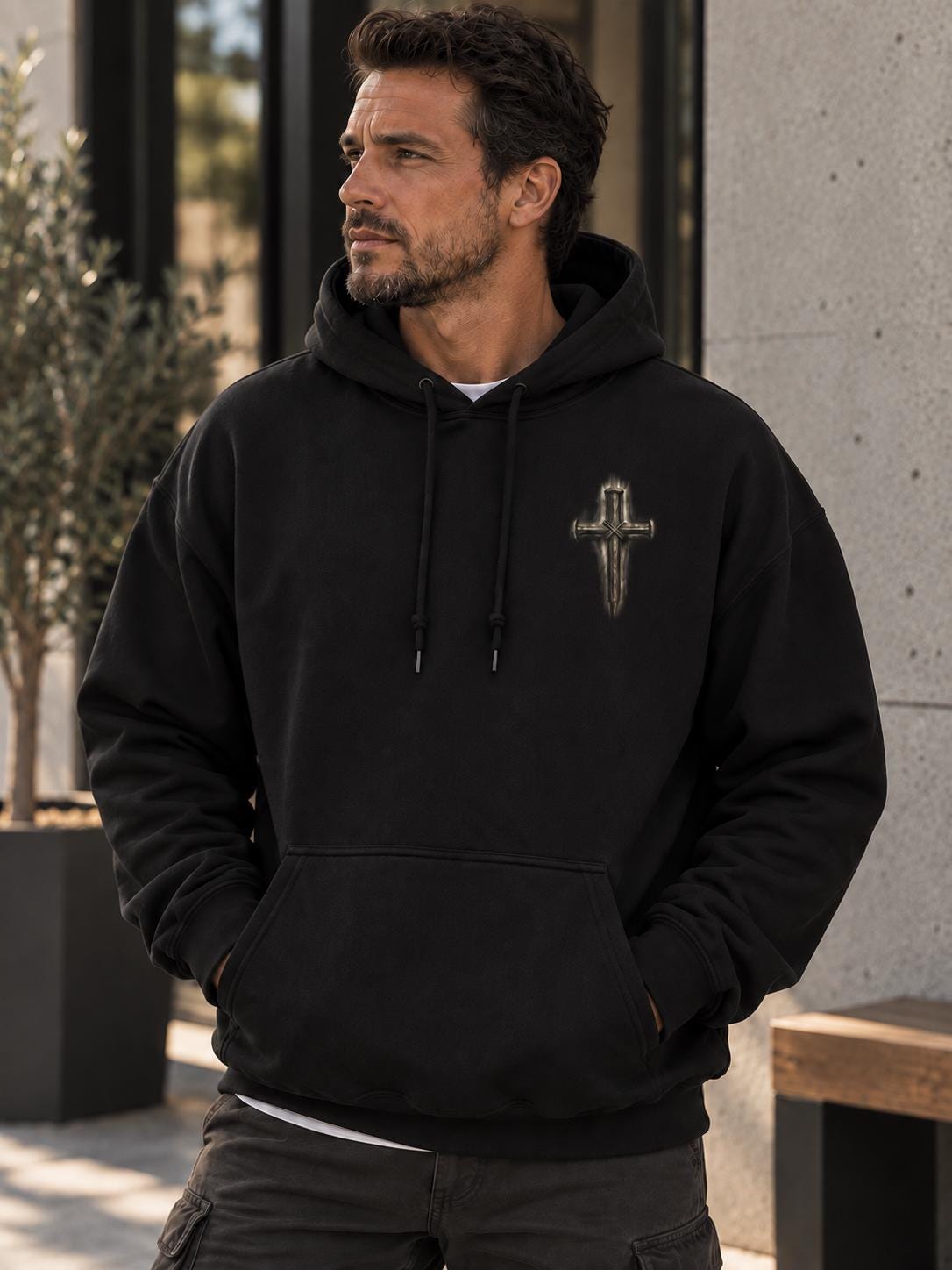 Christian Men Cross Hoodie, Distressed Three-Nail Cross, Church Fall Hoodie for Boys, Isaiah 53:5 Sweatshirt