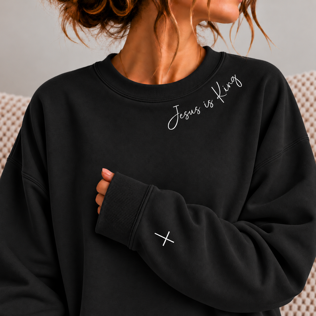 Jesus Is King Christian Premium Quality Crewneck, Minimalist Christian Faith Crew, Cross Shirt for Women, Christmas Gift Christian Women