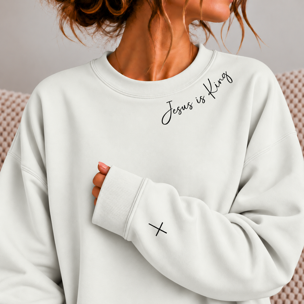 Jesus Is King Christian Premium Quality Crewneck, Minimalist Christian Faith Crew, Cross Shirt for Women, Christmas Gift Christian Women