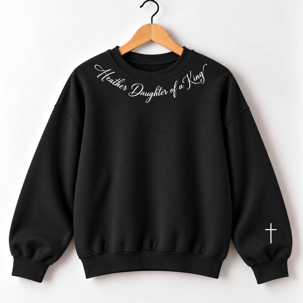 Personalized Custom Name Daughter of a King Premium Quality Sweatshirt Crewneck with Petite Cross on the Sleeve