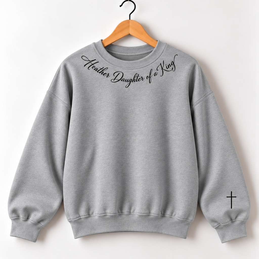Personalized Custom Name Daughter of a King Premium Quality Sweatshirt Crewneck with Petite Cross on the Sleeve
