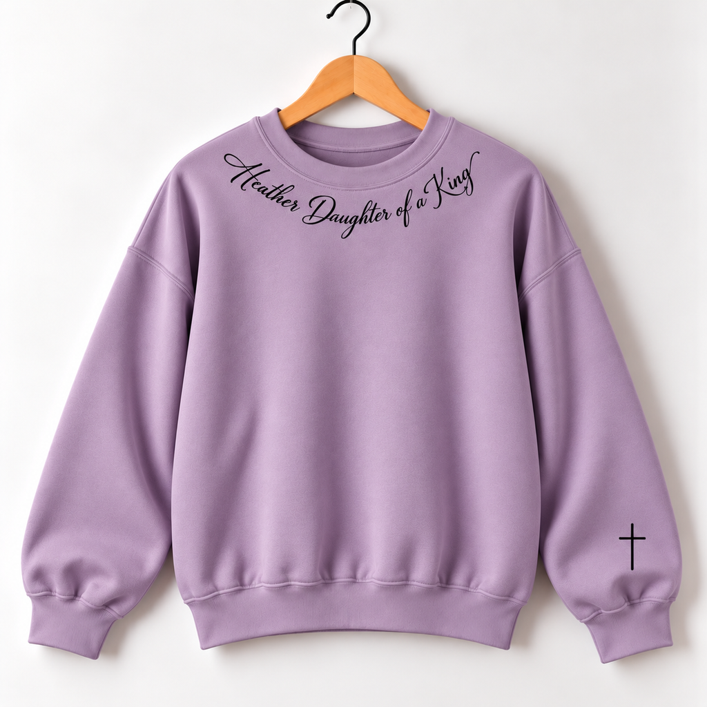 Personalized Custom Name Daughter of a King Premium Quality Sweatshirt Crewneck with Petite Cross on the Sleeve