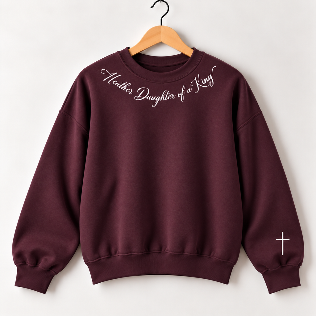 Personalized Custom Name Daughter of a King Premium Quality Sweatshirt Crewneck with Petite Cross on the Sleeve