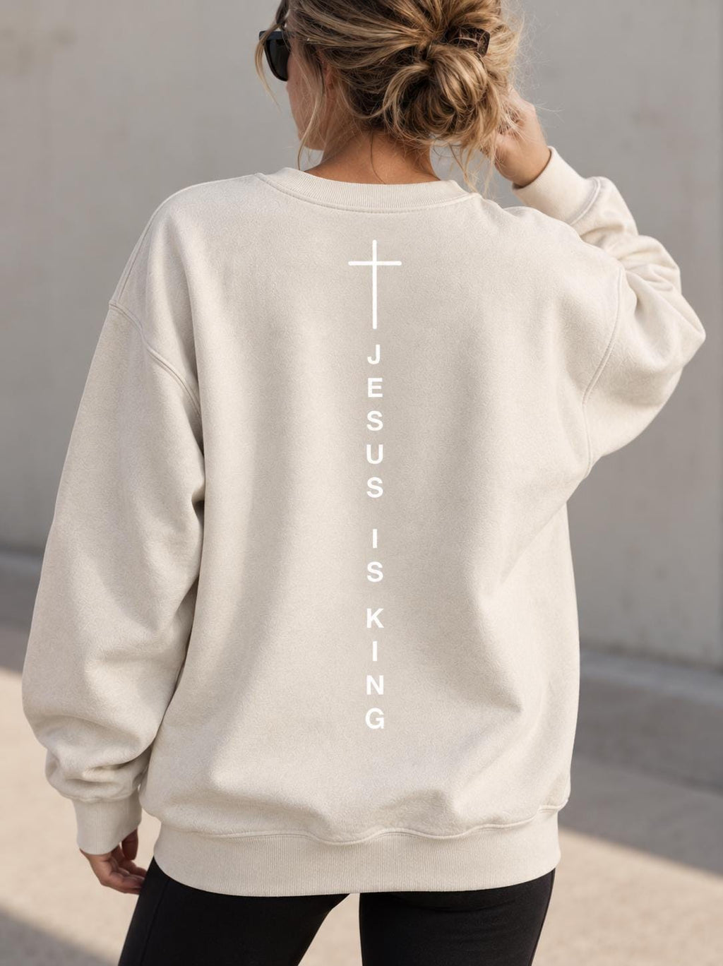 Jesus Is King Unisex Crew, Gender Neutral Christian Sweatshirt, Cross Crewneck, Simple Christian Sweater, Vertical Cross Back Design