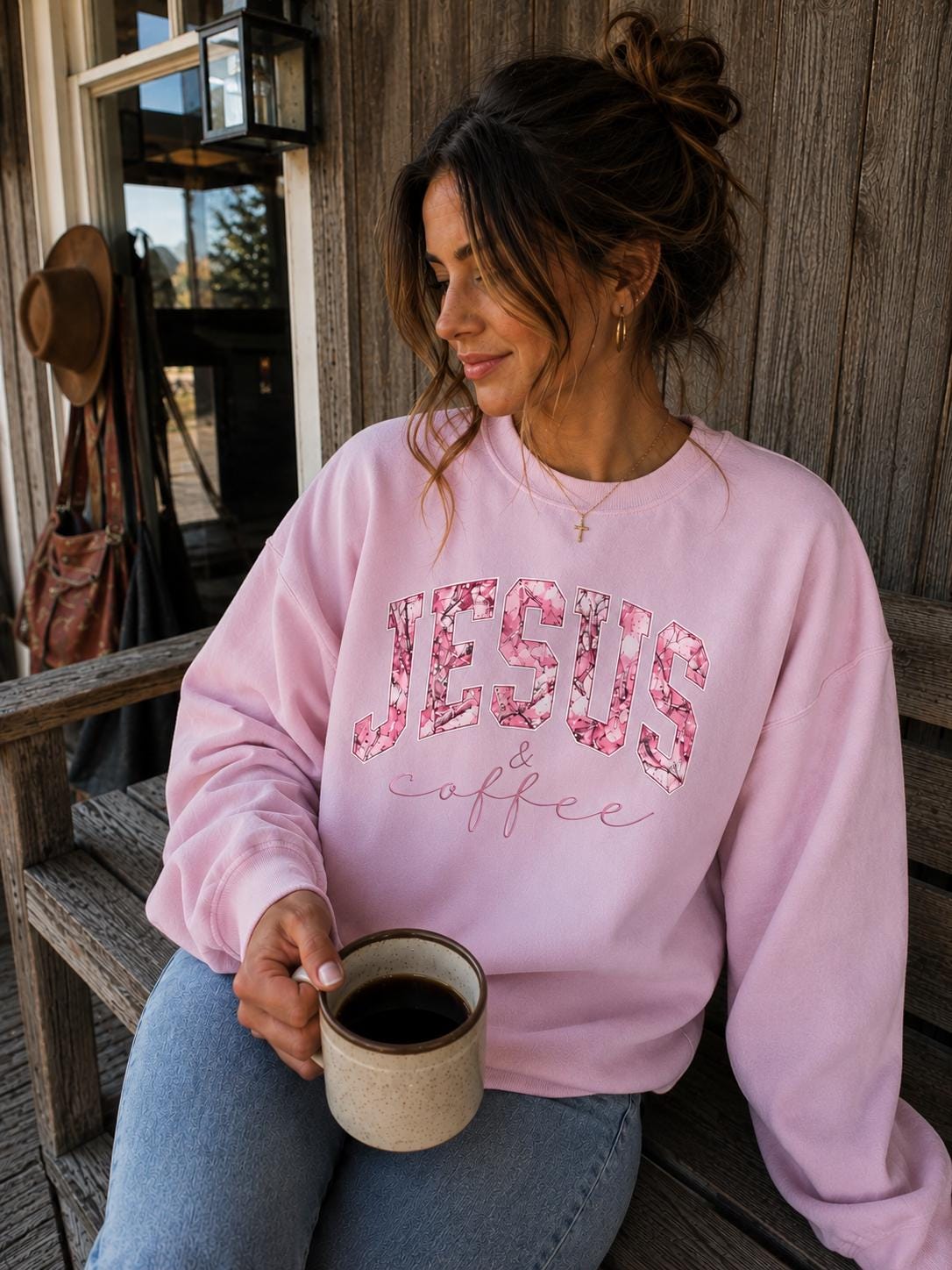 Jesus Coffee Sweatshirt, Christian Pink Camo Crewneck, Faith Apparel
