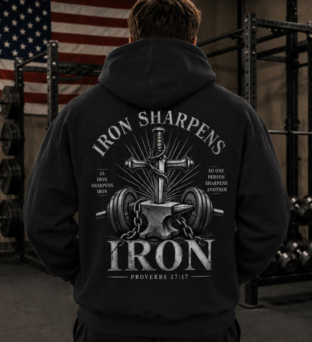 Men's Faith Fitness Hoodie, Iron Sharpens Iron Proverbs 27:17 Vintage Design