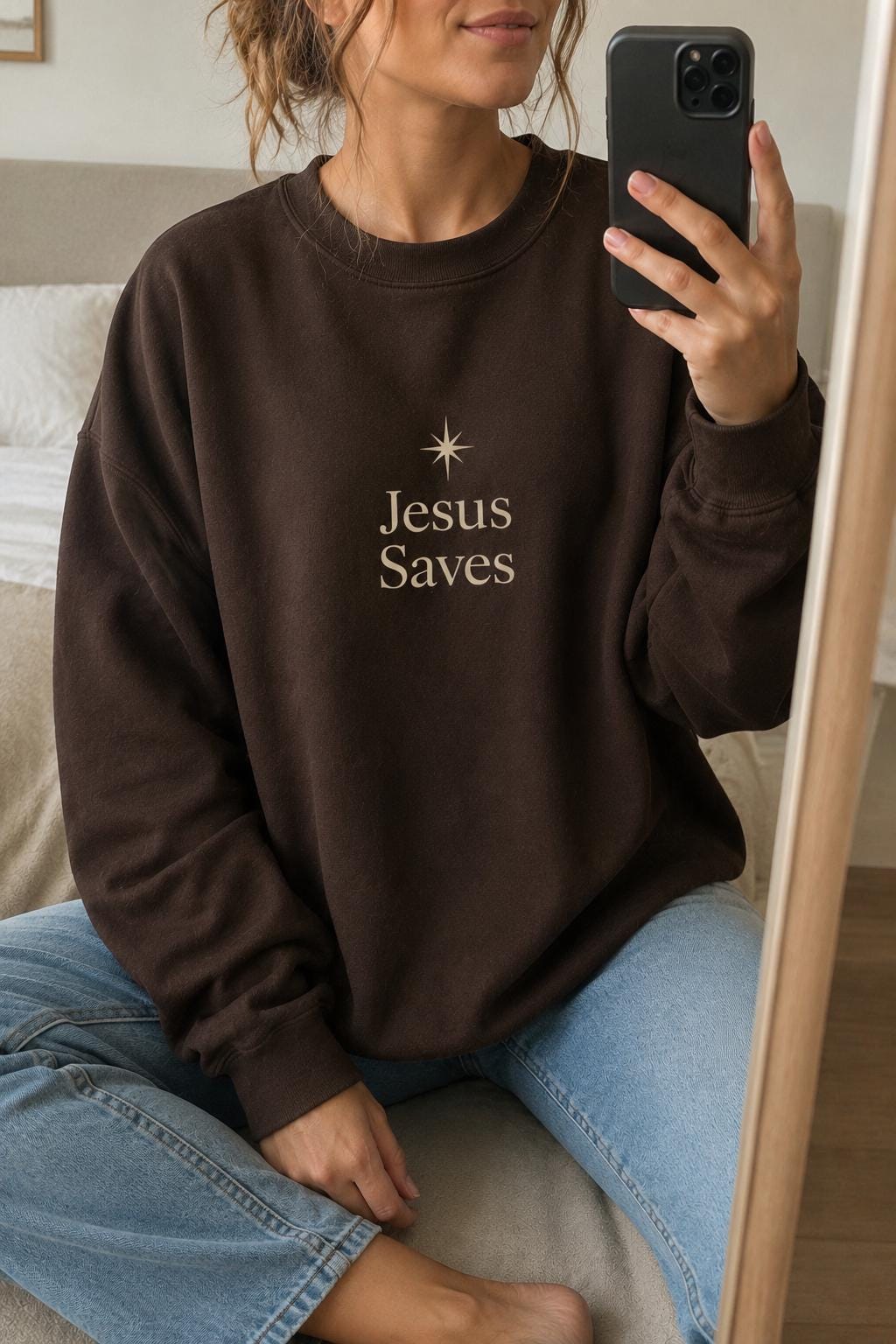 Minimalist Jesus Saves Crewneck Sweatshirt, Star of Bethlehem Design, Christian Gift