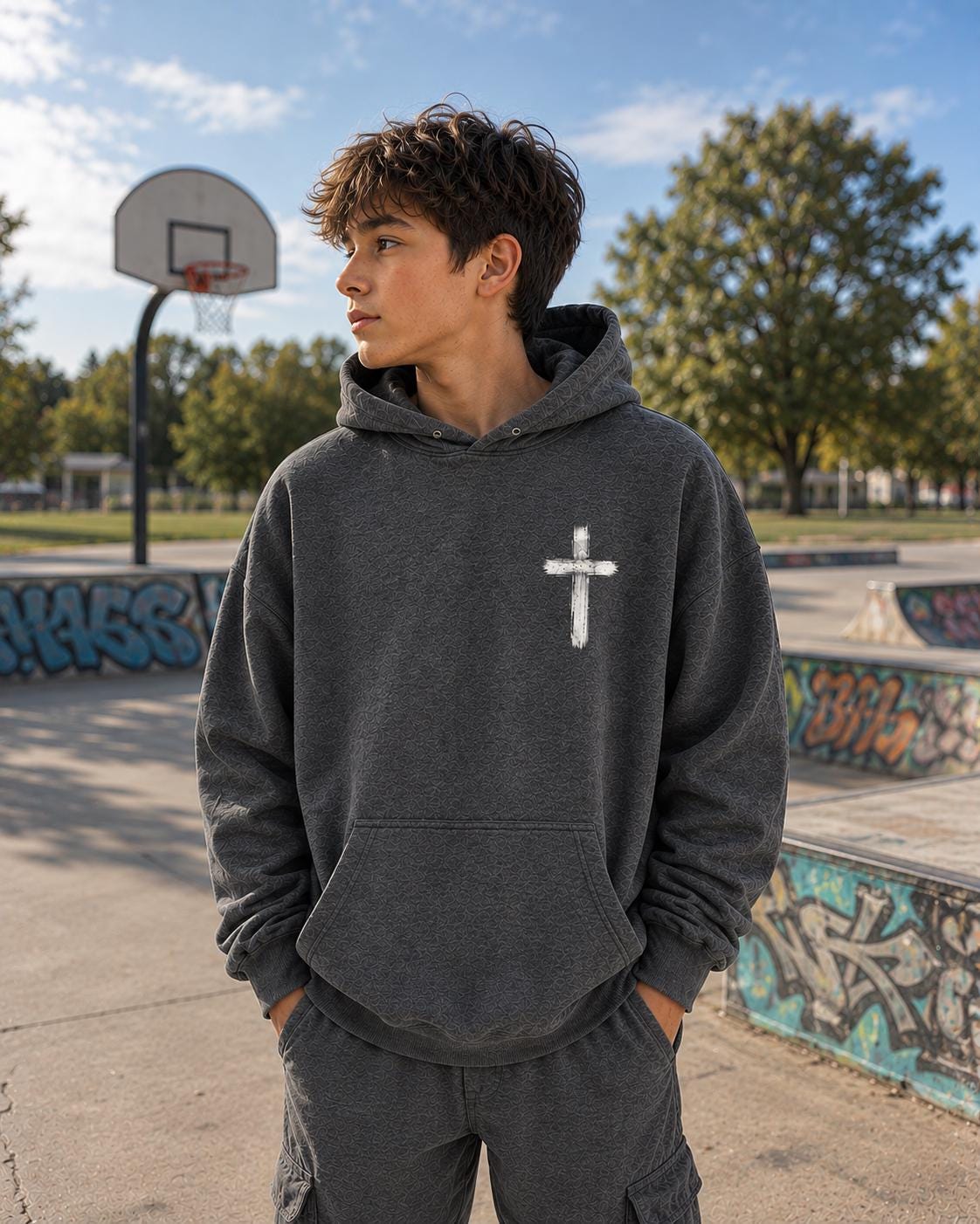 Son of God Christian Hoodie, Distressed Cross Streetwear Sweatshirt, Full Back Design