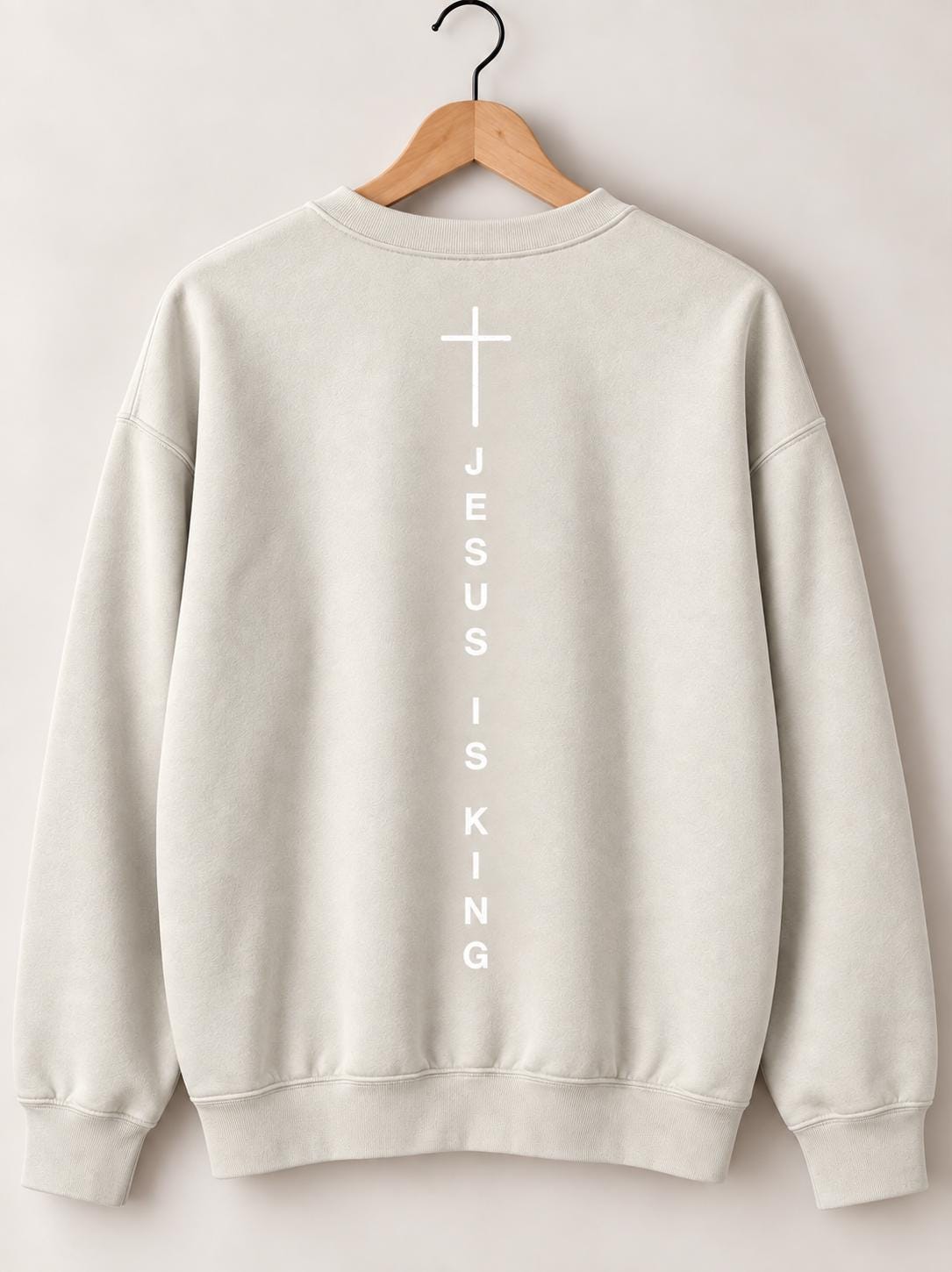 Jesus Is King Unisex Crew, Gender Neutral Christian Sweatshirt, Cross Crewneck, Simple Christian Sweater, Vertical Cross Back Design