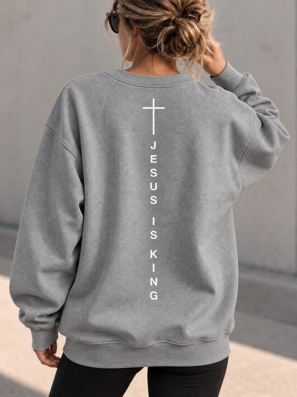 Jesus Is King Unisex Crew, Gender Neutral Christian Sweatshirt, Cross Crewneck, Simple Christian Sweater, Vertical Cross Back Design