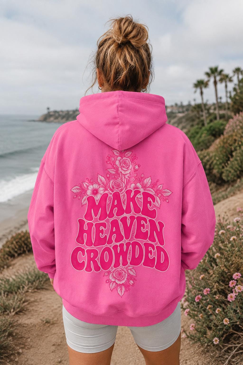 Make Heaven Crowded Floral Cross Hoodie, Pink Christian Sweatshirt, Oversized Fit