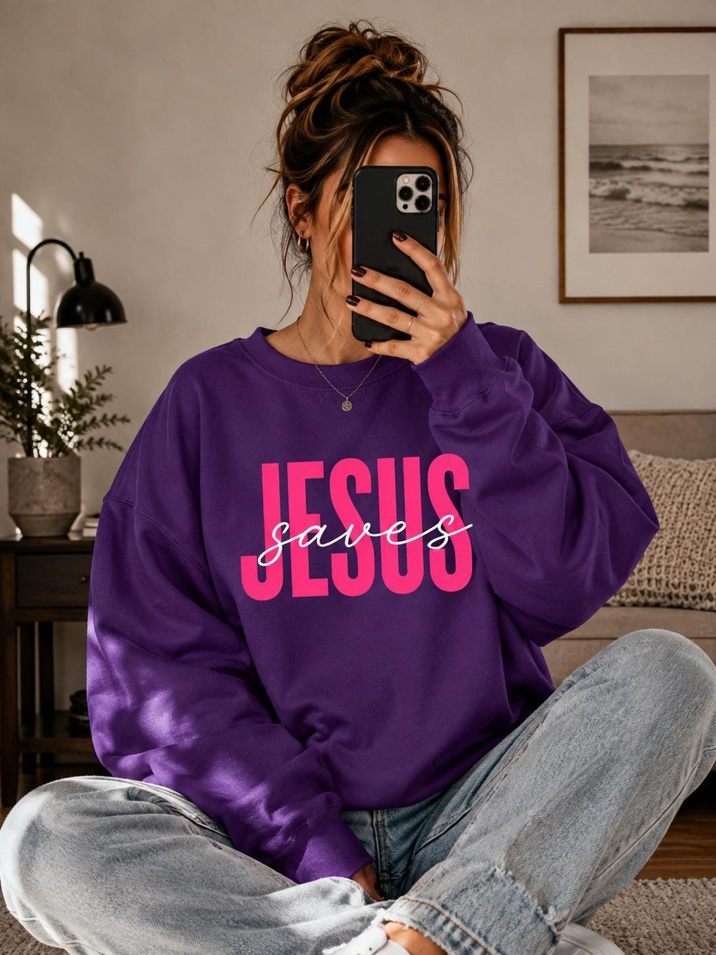 Jesus Saves Crewneck Sweatshirt, Bold Pink Script, Fall Faith Apparel