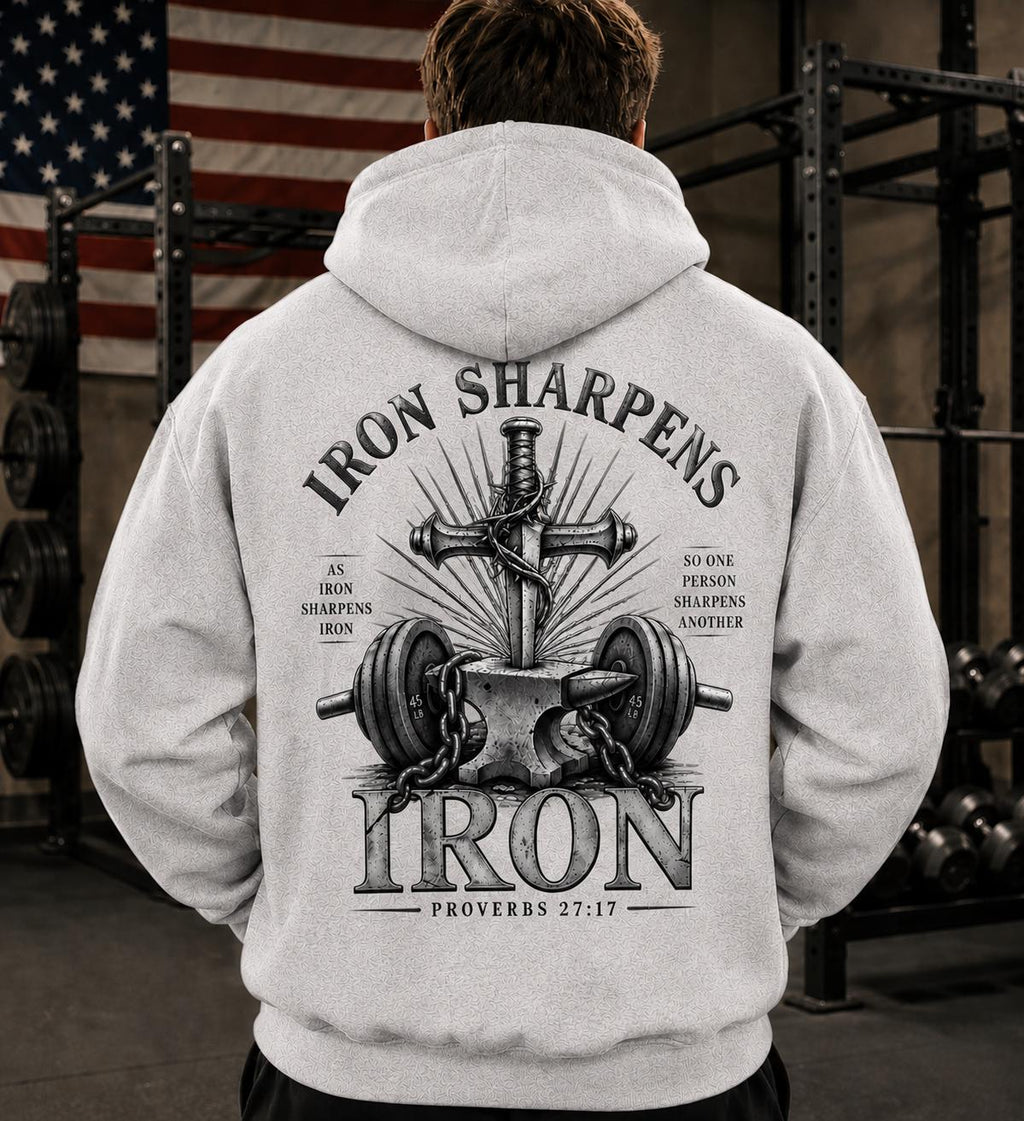 Men's Faith Fitness Hoodie, Iron Sharpens Iron Proverbs 27:17 Vintage Design