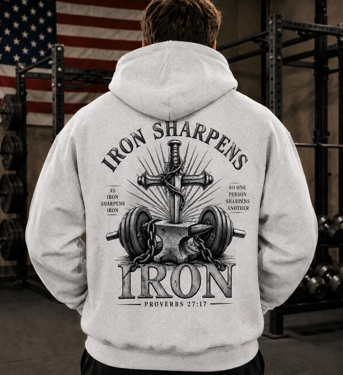 Men's Faith Fitness Hoodie, Iron Sharpens Iron Proverbs 27:17 Vintage Design