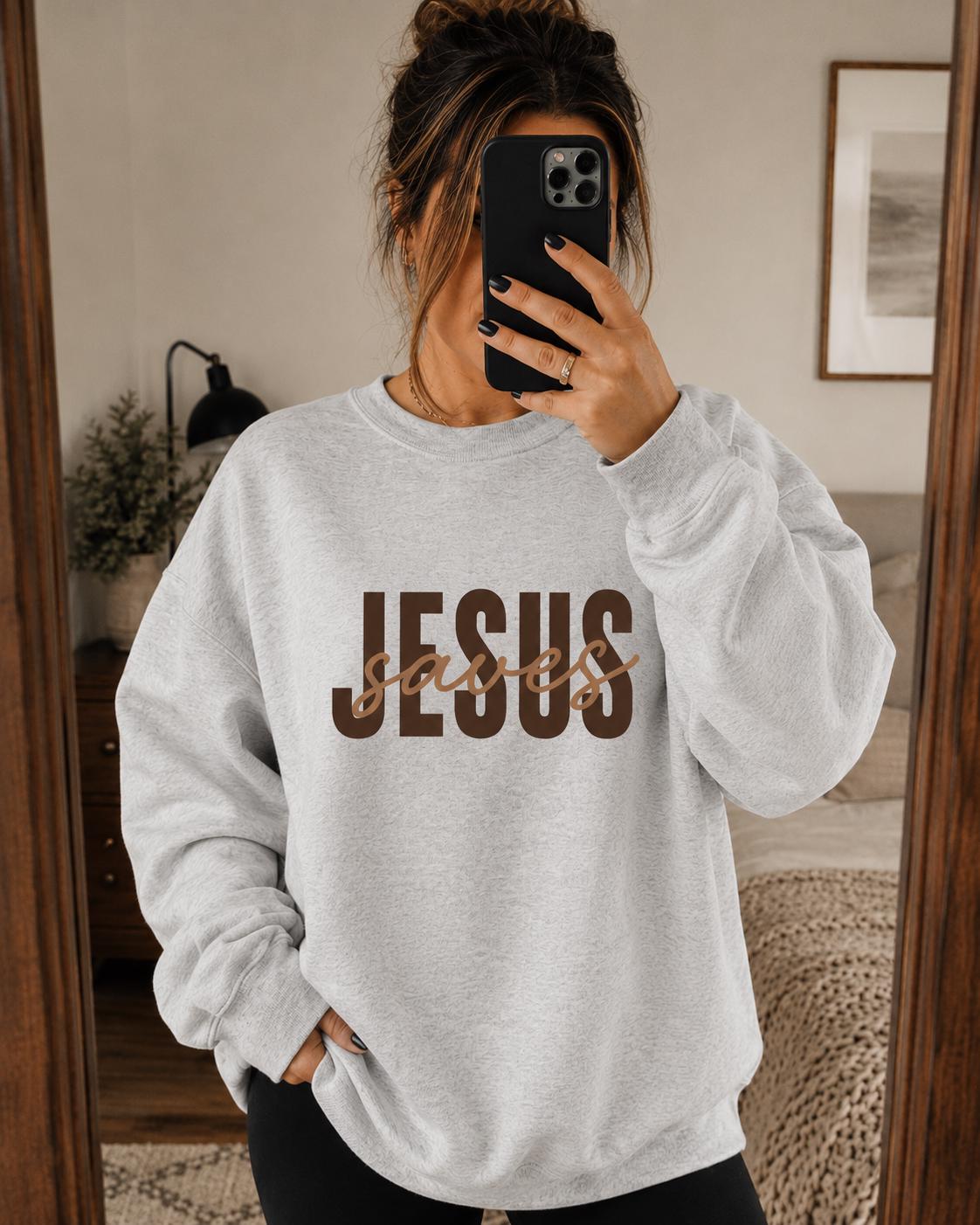 Jesus Saves Crewneck Sweatshirt, Christian Fall Shirt, Minimalist Faith Statement