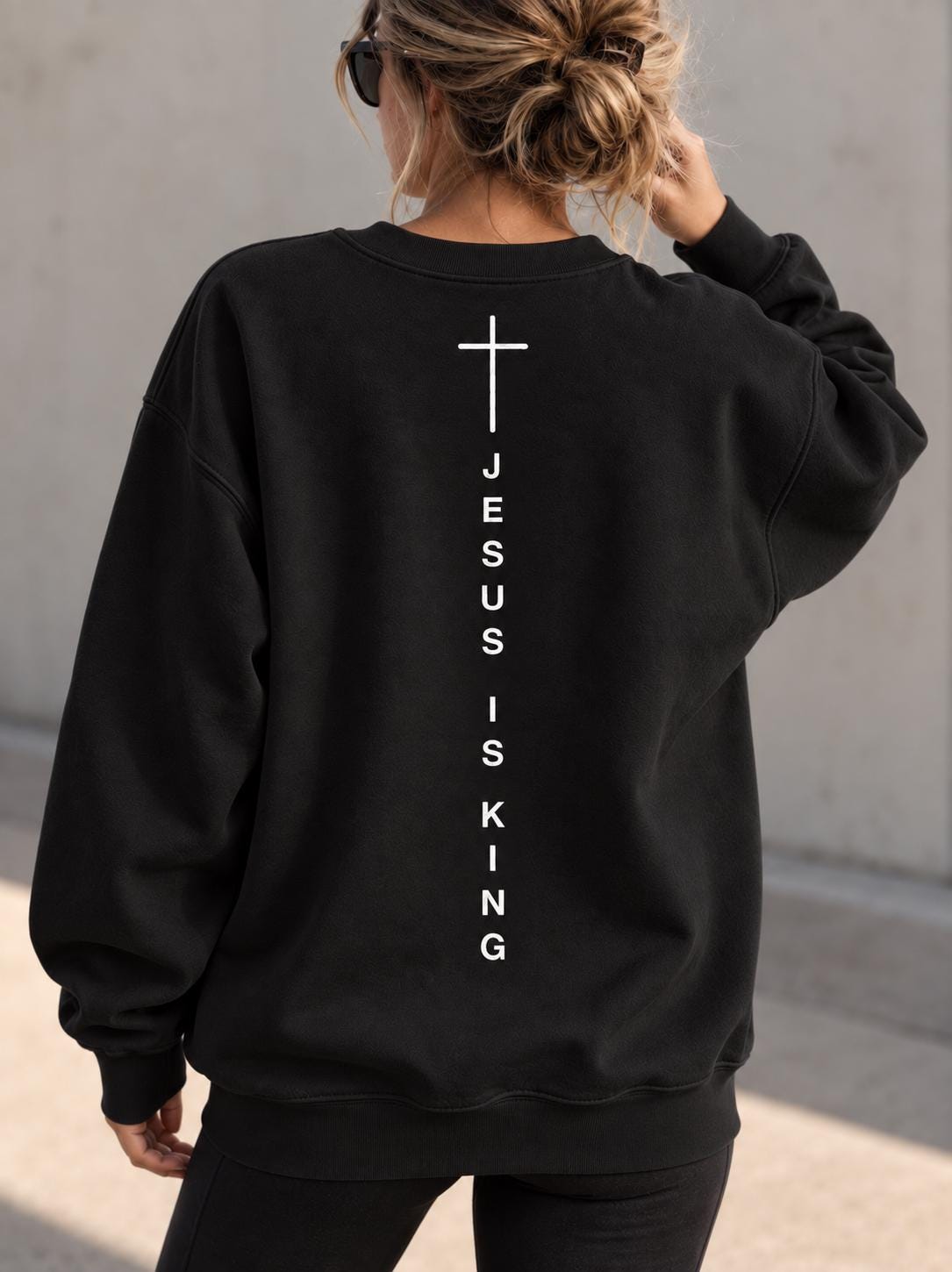Jesus Is King Unisex Crew, Gender Neutral Christian Sweatshirt, Cross Crewneck, Simple Christian Sweater, Vertical Cross Back Design