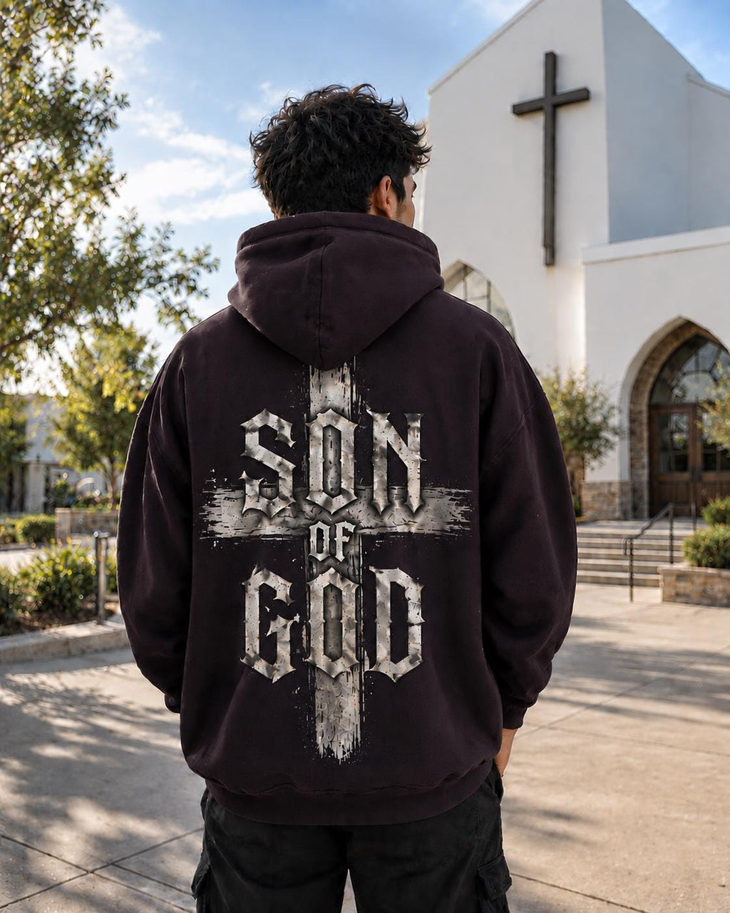 Son of God Christian Hoodie, Distressed Cross Streetwear Sweatshirt, Full Back Design