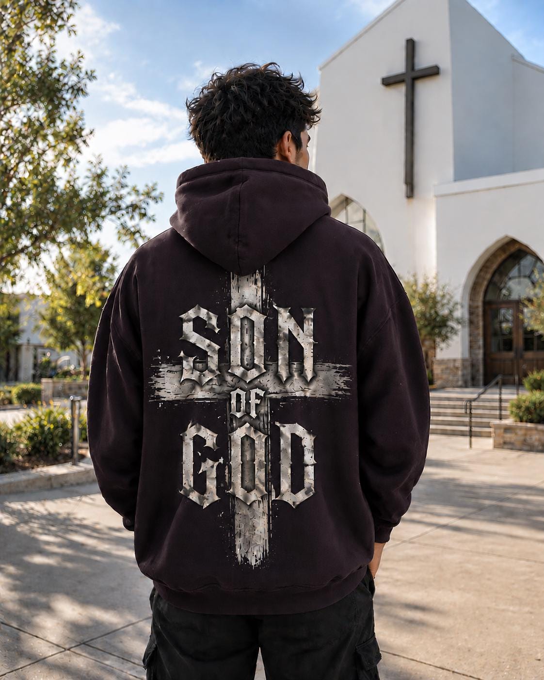 Son of God Christian Hoodie, Distressed Cross Streetwear Sweatshirt, Full Back Design