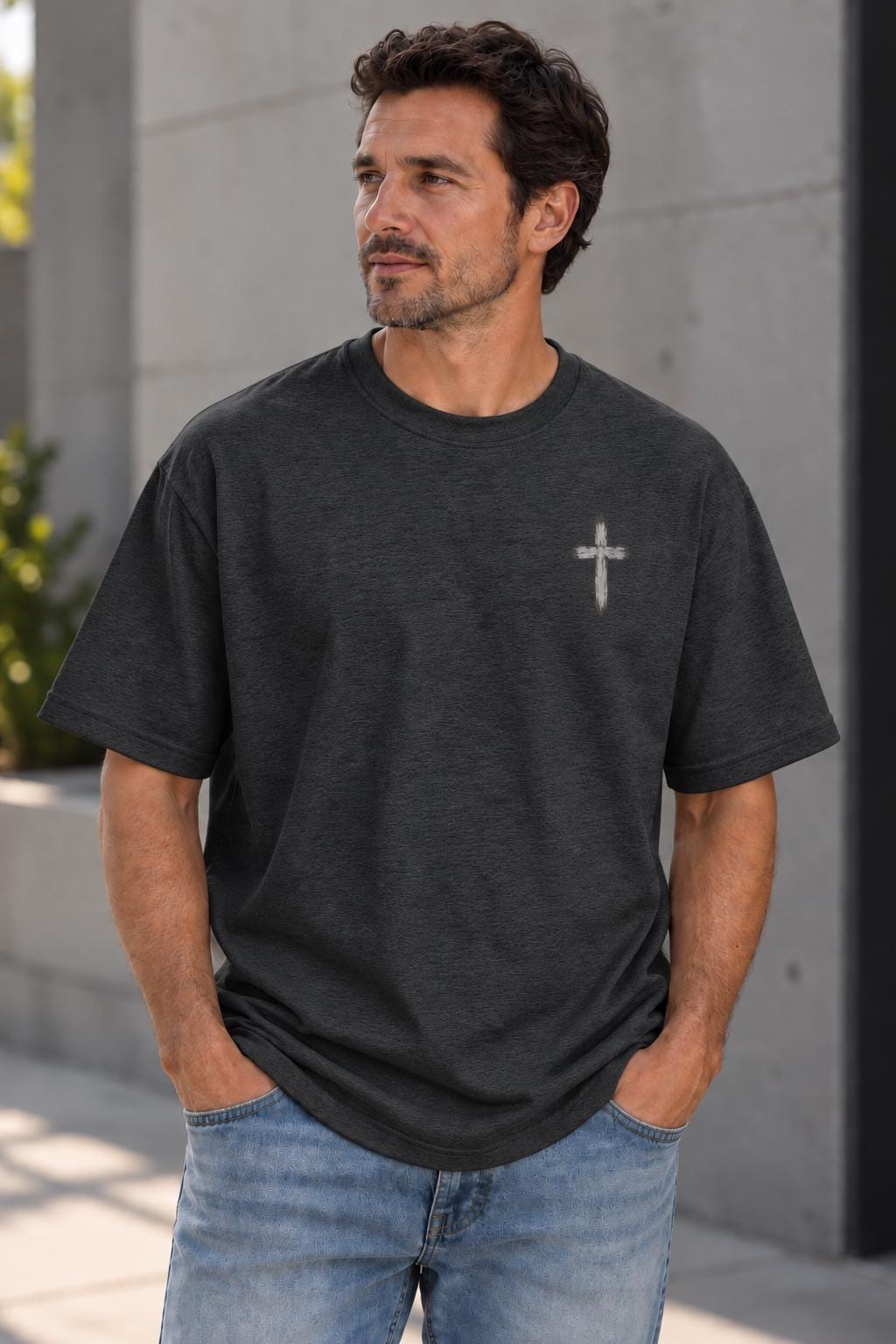 Distressed Cross T-Shirt, Men’s Christian Tee, Minimal Faith Streetwear, Oversized Jesus Shirt