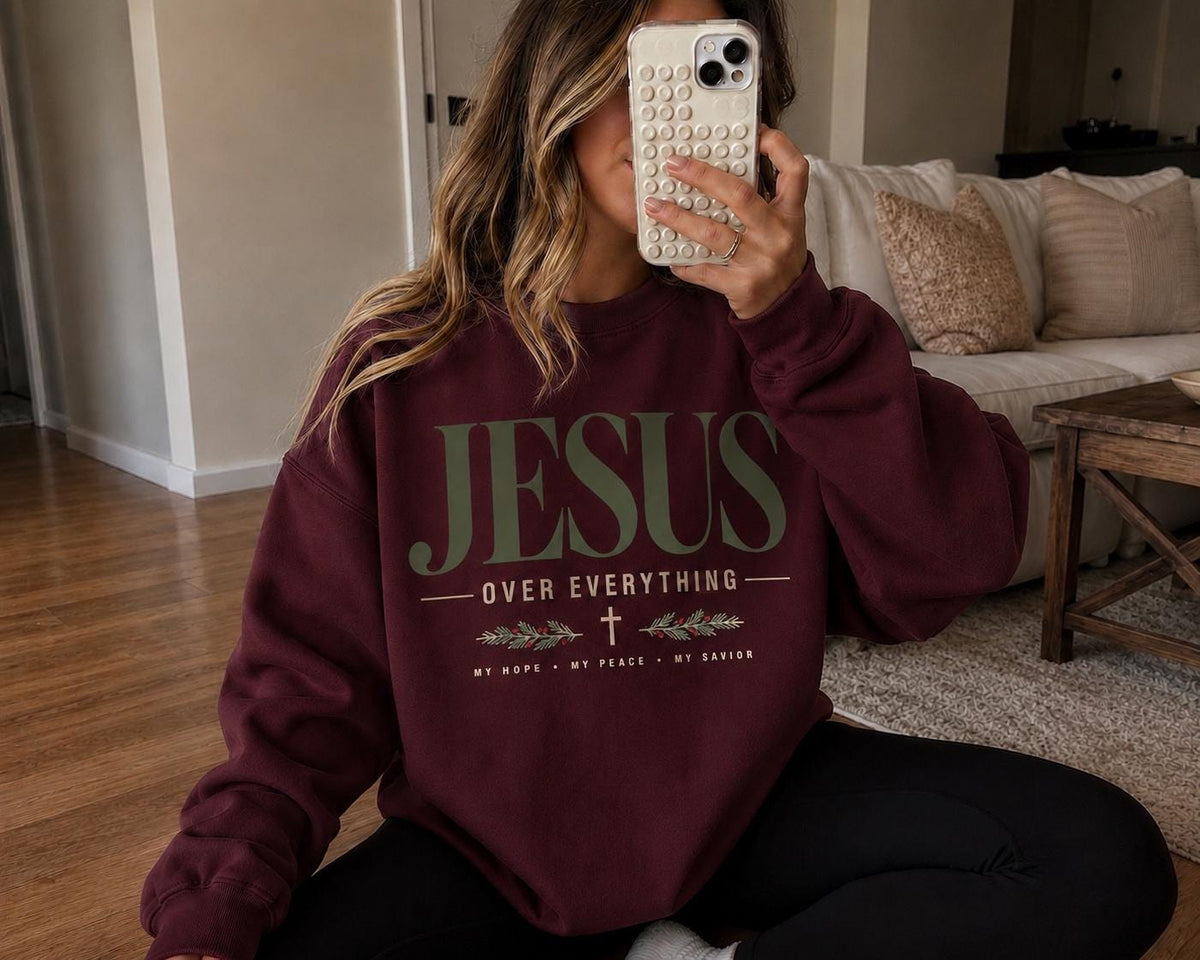 Jesus Over Everything Women's Sweatshirt, Faith-Based Christmas Crewneck for Women, Large JESUS front design