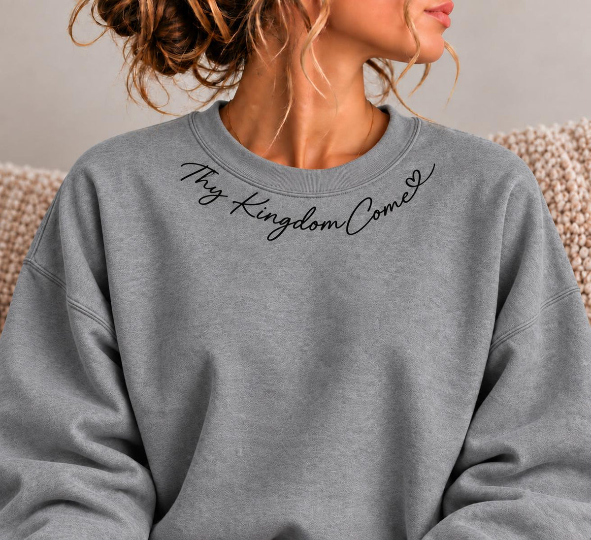 Thy Kingdom Come Crewneck Sweatshirt, Christian Minimalist Sweatshirt for Her with Petite Collar Heart Design, Matthew 6:10