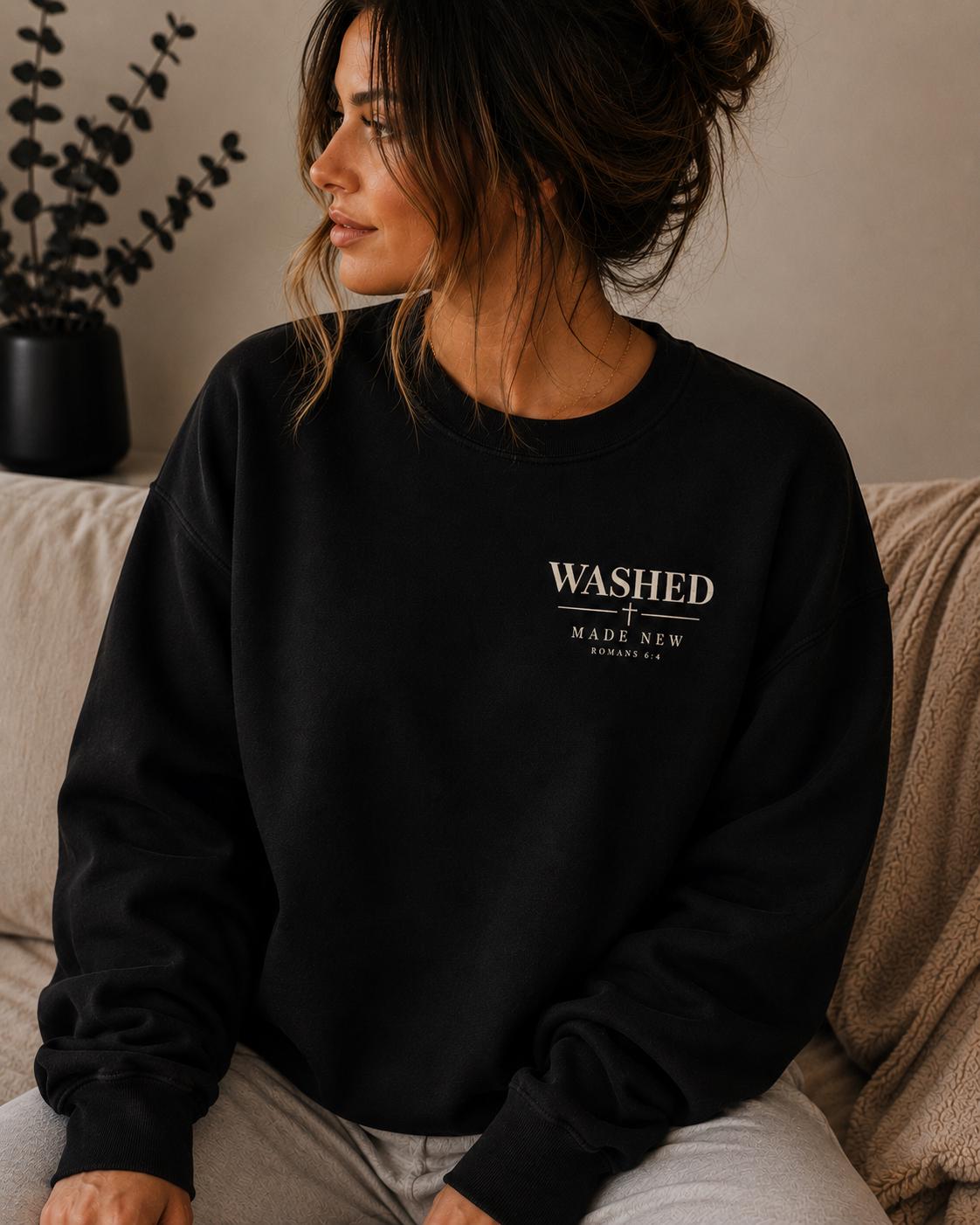 Washed Made New Christian Sweatshirt, Romans 6:4 Crewneck, Minimal Faith Apparel
