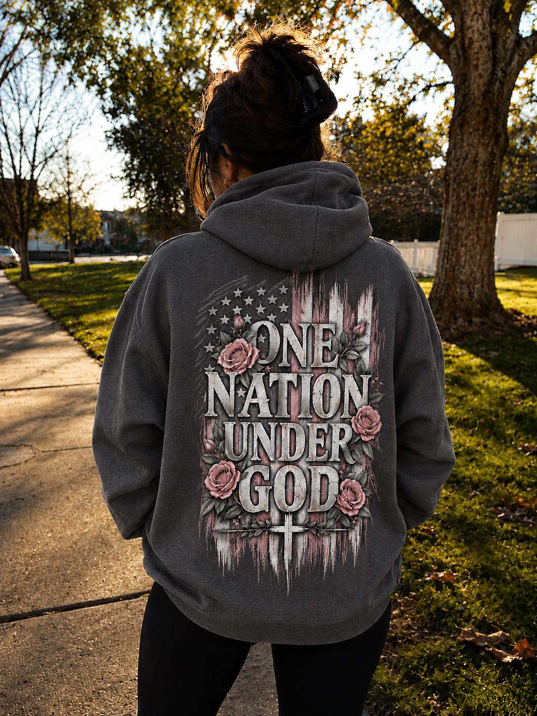 One Nation Under God Hoodie, Patriotic Christian Sweatshirt, Floral American Flag Design