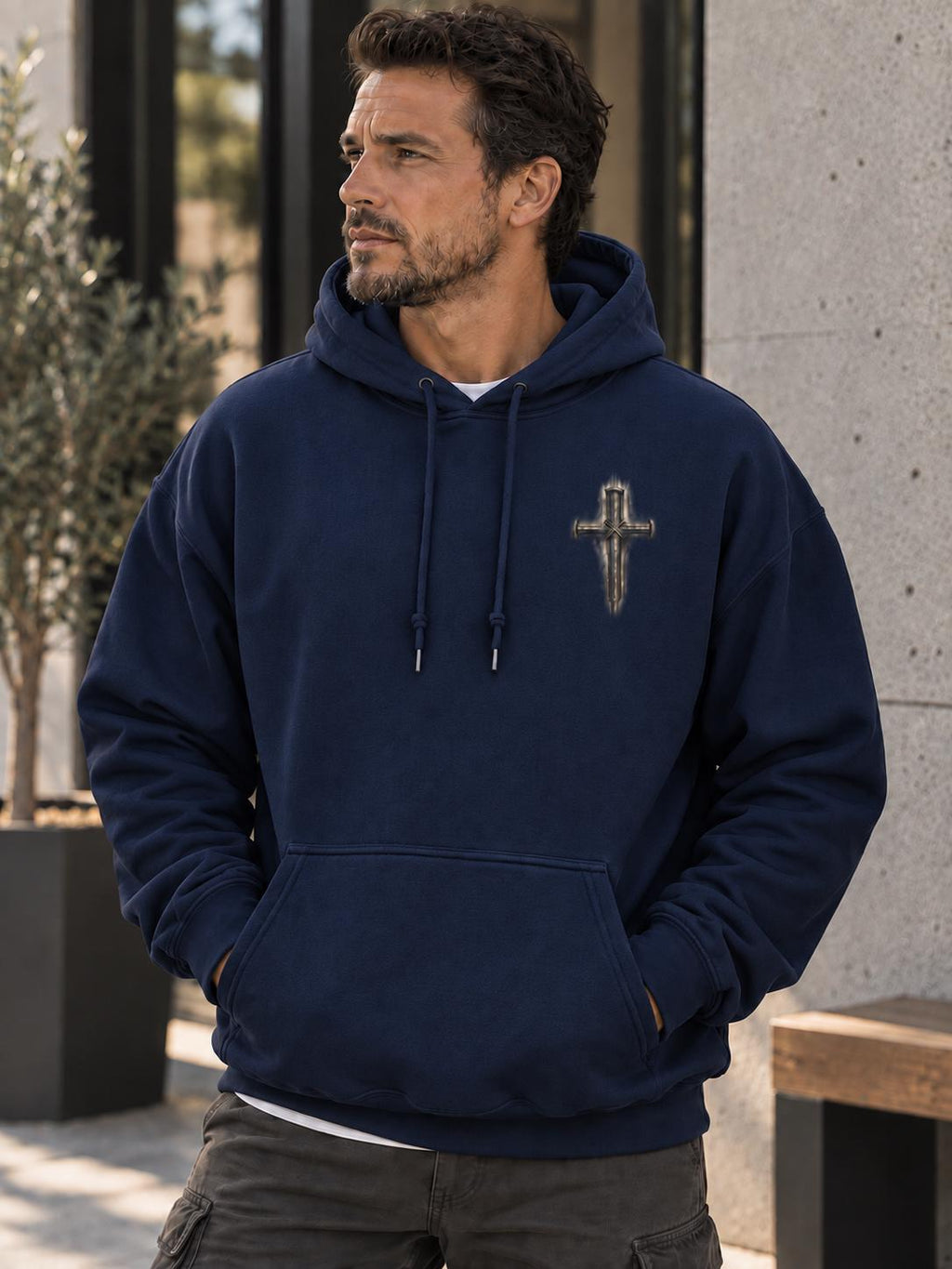 Christian Men Cross Hoodie, Distressed Three-Nail Cross, Church Fall Hoodie for Boys, Isaiah 53:5 Sweatshirt