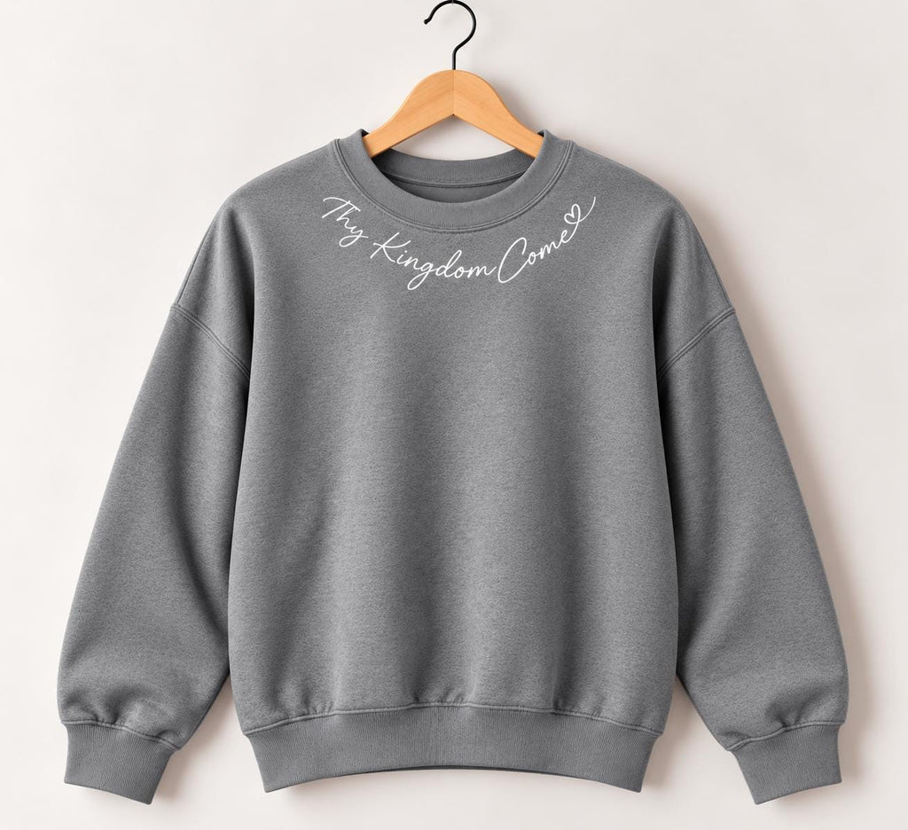 Thy Kingdom Come Crewneck Sweatshirt, Christian Minimalist Sweatshirt for Her with Petite Collar Heart Design, Matthew 6:10