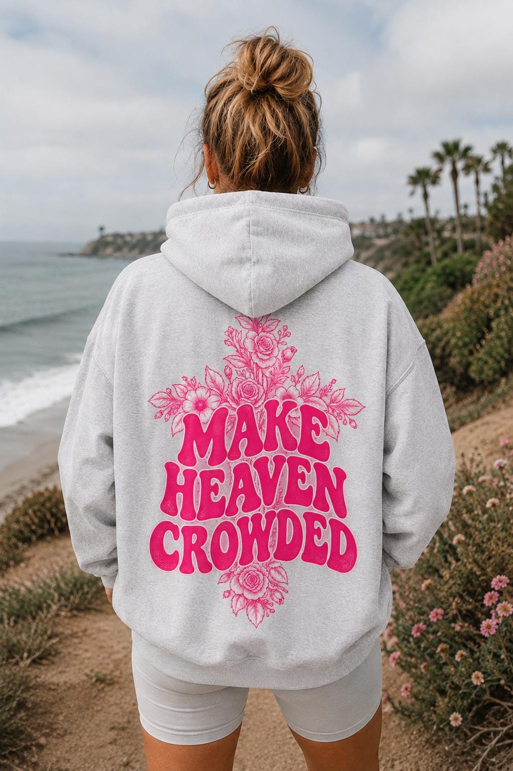 Make Heaven Crowded Floral Cross Hoodie, Pink Christian Sweatshirt, Oversized Fit