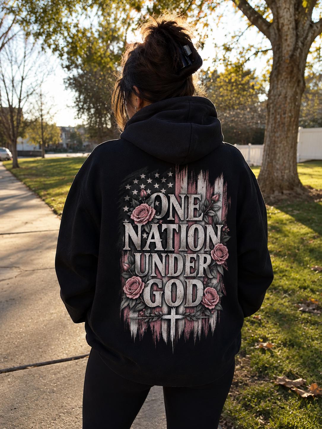 One Nation Under God Hoodie, Patriotic Christian Sweatshirt, Floral American Flag Design